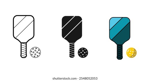 Pickleball racket and ball set design, available in outline, solid and color styles, editable vector eps 10.