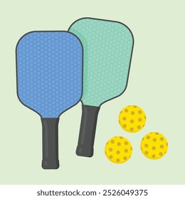 Pickleball racket and ball set. Pickle ball equipment in flat graphic style illustration.