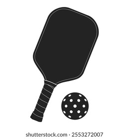 Pickleball Racket and Ball silhouette, black and simple isolated to background