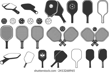 Pickleball racket and ball silhouette, Pickleball bundle silhouette,  Pickleball paddles silhouette, Pickleball silhouette. 
