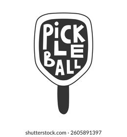 Pickleball Racket with Lettering Icon. Hand drawn Doodle Sport Equipment with text inscription word. Outline Vector illustration