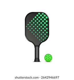 Pickleball racket with neon green dot pattern and green ball front view, isolated realistic 3d vector illustration for sports equipment, active lifestyle, outdoor games and paddle sport custom model.