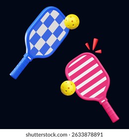 Pickleball rackets with balls, 3d vector illustration