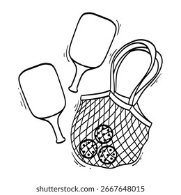 Raquetes e bolas de bola de pincel com design de arte de linha de vetor de saco de rede