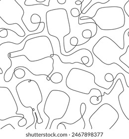 Pickleball rackets and balls seamless pattern hand drawn in one line drawing style. Vector black and white summer sport background. Modern continuous art print. Minimal design, wallpaper, textile.