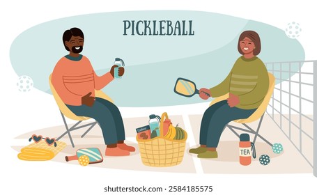 Pickleball relaxation. Senior players resting on the court. Vector flat background.