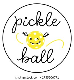 Pickleball round sticker or badge design with smiling yellow ball character.