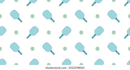 Pickleball seamless pattern with balls and racket on white background. Flat vector ornament for print, banner, card, fabric, cover, wrapping paper, wallpaper