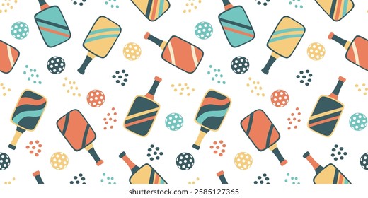 Pickleball seamless pattern. Concept of sport and pickleball. Pickleball paddles and balls on white background. Vector flat banner.