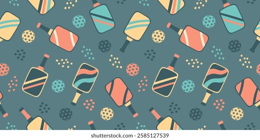 Pickleball seamless pattern. Concept of sport and pickleball. Pickleball paddles and balls. Vector flat background.