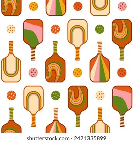 Pickleball seamless pattern in groovy retro 70s design. Summer sport repeat background. Vector tennis print, wallpaper, textile, fabric, package design. Vintage pickleball paddle balls illustration