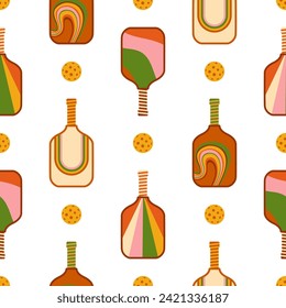 Pickleball seamless pattern in groovy retro 70s design. Summer sport repeat background. Vector tennis print, wallpaper, textile, fabric, package design. Vintage pickleball paddle balls illustration
