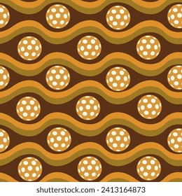 Pickleball seamless pattern with orange balls with retro waves on dark brown background. For textile, fabric and wallpaper 