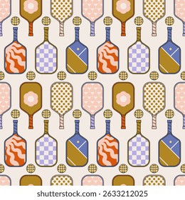 Pickleball seamless pattern with paddles and balls, in retro line style