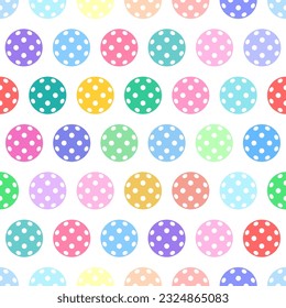 Pickleball seamless pattern with pastel color balls on white background. Flat vector illustration.