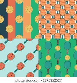 Pickleball seamless pattern set in colorful flat cartoon style.