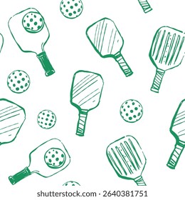 Pickleball, seamless pattern, vector doodle hand drawn sketch, monochrome illustration