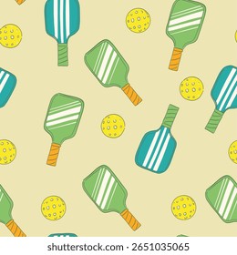 Pickleball, seamless pattern, vector doodle hand drawn sketch, monochrome illustration