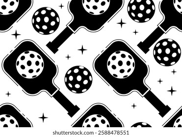 Pickleball seamless pattern vector illustration. Pickleball background design element. Sport design vector illustration. Sport print. Retro vintage illustration. Racket or paddle and ball