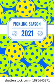 Pickleball season 2021. Jar with pickleball balls and label with 21 year. Vector design for card or invitation. 