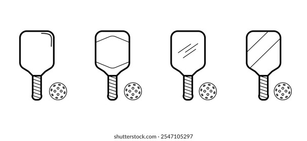 Diseño de conjunto de pickleball, raqueta y bola, estilo de contorno simple, Vector editable EPS 10.