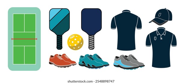 pickleball set design, sports equipment, color style, editable vector eps 10.