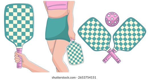 Pickleball set: hand holding  racket, silhouette of girl player, two rackets crossed over each other