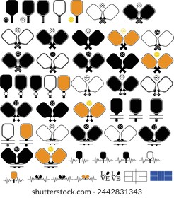 Pickleball Set icon. Paddles Pickleball Stroke sign. Pickleball ball symbol. Pickleball Logo with crossed racket and ball above logo. flat style.