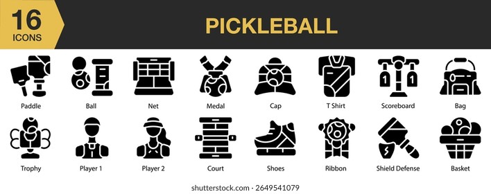Pickleball solid icon set. Includes game, sport, pickleball, ball, racket, and More. Solid icons vector collection.