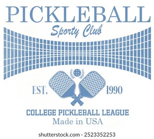 Pickleball sport club vector t-shirt design. Tennis college league. Vintage artwork for sportswear. Sport logo.