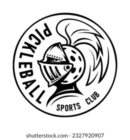 Pickleball Sport Emblem. Black and White Vector illustration for pickleball with knight's head and ball for Sports Enthusiasts.