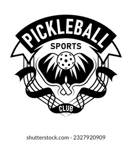 Pickleball Sport Emblem. Black and White Vector Illustration of with two pickleball paddles and Ball for Sports Enthusiasts.