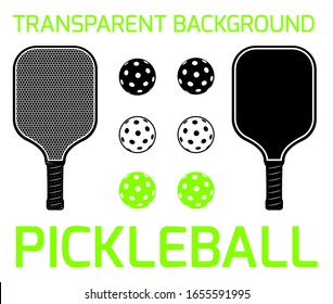 pickleball sport equipment - paddels and balls on transparent background - vector illustration