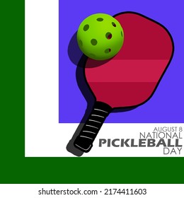 Pickleball sports equipment illustration with racket and ball on the field with bold text, National Pickleball Day August 8