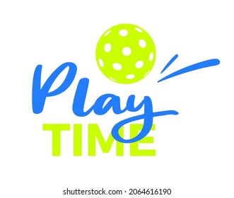 pickleball sticker. play time text with pickle ball ball. vector illustration isolated on white.