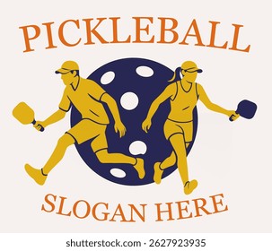 Pickleball Team Logo Template — Vector Illustration with Male and Female Players and Customizable Text
