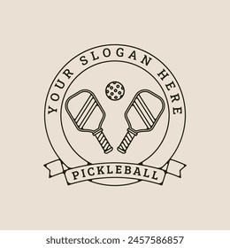 pickleball tournament line art logo with emblem, rackets and ball vector illustration minimalist design