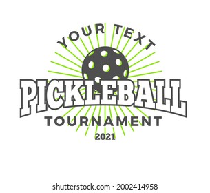 Pickleball tournament logo. Badge with text and pickle ball for tournament or league events.