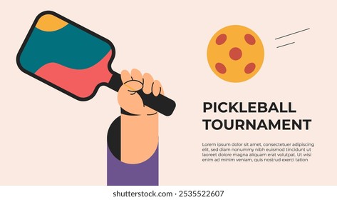 Torneo de Pickleball en la cancha. Jugadores de Pickleball con raquetas. Actividad deportiva, partido, equipo de entrenamiento. Juego, servir con raquetas. Ilustración vectorial plana en estilo de dibujos animados.