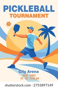 Pickleball tournament, summer cup. Dynamic silhouette of a player hitting the ball. Bright vector banner, poster. Graphic design with a place for text for sports events, promotional materials