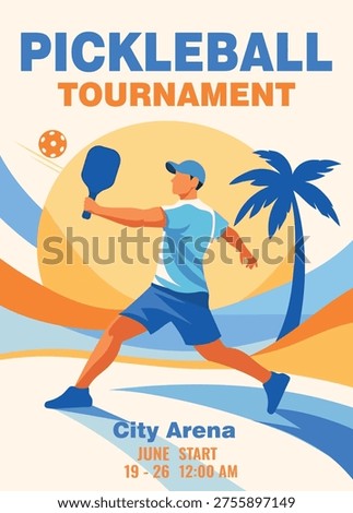 Pickleball tournament, summer cup. Dynamic silhouette of a player hitting the ball. Bright vector banner, poster. Graphic design with a place for text for sports events, promotional materials