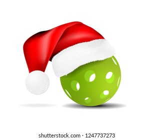 Pickleball vector illustration with santa hat isolated on white background