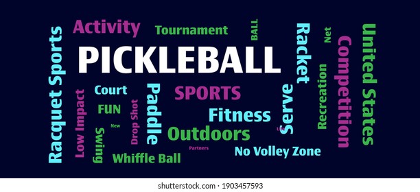 Pickle-ball word collage on blue background for sports, fitness, and recreation concepts. 