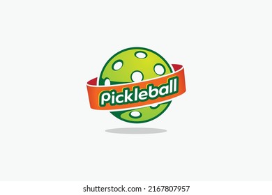 pickleball world logo with a combination of pickleball, earth and text on a ribbon.