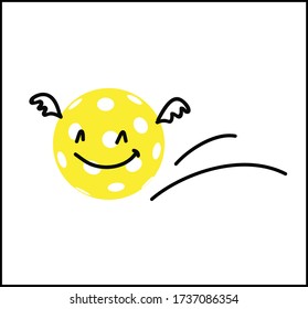 Pickleball yellow ball character with smile and wings