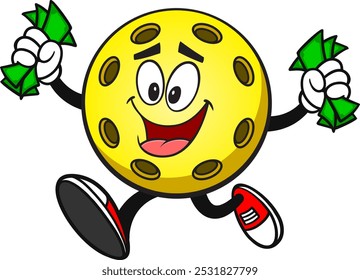 Pickleball Yellow Ball Run with Money, Hand Drawn Vector illustration, Isolated On Transparent Background
