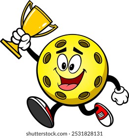 Pickleball Yellow Ball Run with Trophy, Hand Drawn Vector illustration, Isolated On Transparent Background
