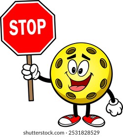 Pickleball Yellow Ball with Stop Sign, Hand Drawn Vector illustration, Isolated On Transparent Background
