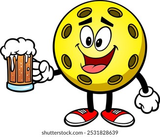 Pickleball Yellow Ball W Beer, Hand Drawn Vector illustration, Isolated On Transparent Background
