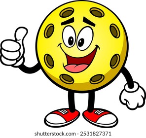 Pickleball Yellow Ball W Thumbs Up, Hand Drawn Vector illustration, Isolated On Transparent Background
